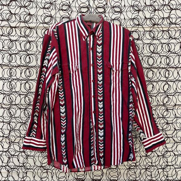 Vintage 90s Karman Aztec Maroon Stripe Southwestern Long Sleeve Button Up Shirt - Picture 1 of 6